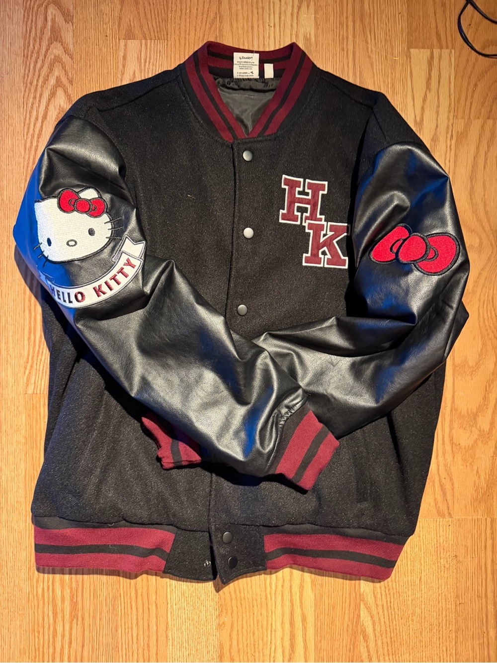 Aeropostale Black & Burgundy Youth Varsity Jacket with Hello Kitty Patches